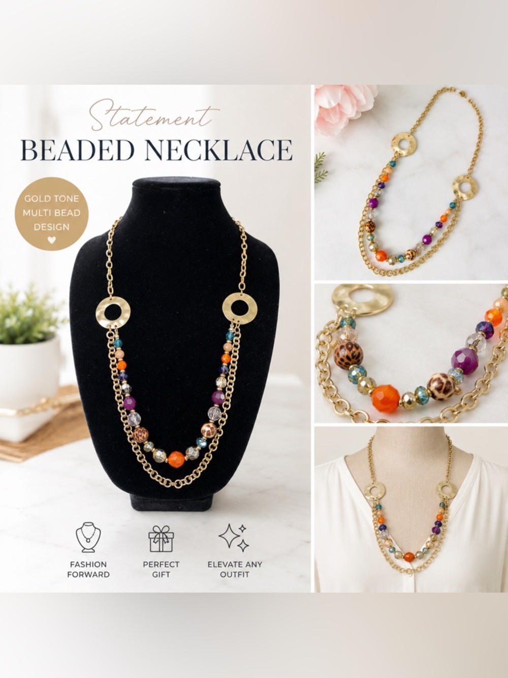Gold Tone Multi-Bead Statement Necklace | Leopard & Jewel Tones